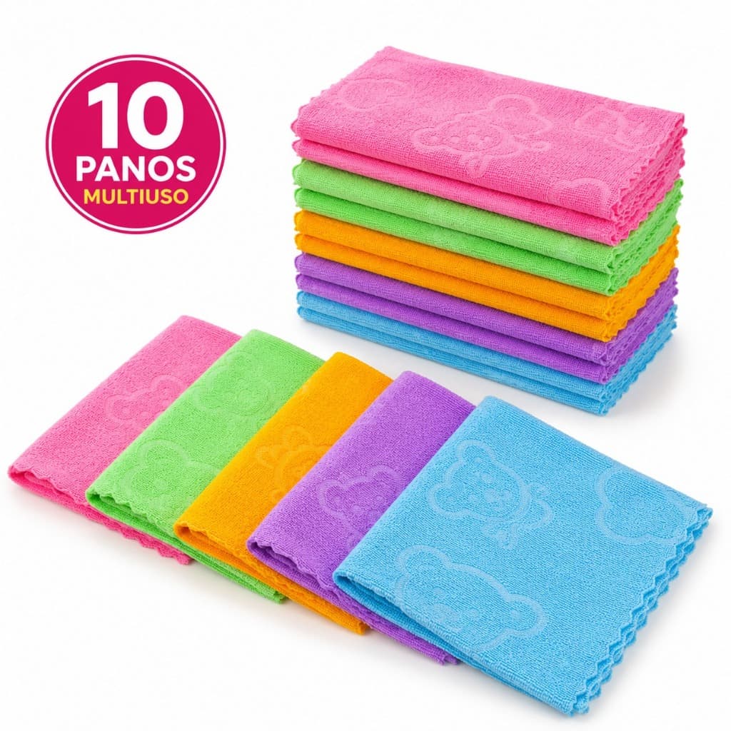 Kit 10 Panos Multiuso Microfibra Para Limpeza Casa Cozinha e Vidros