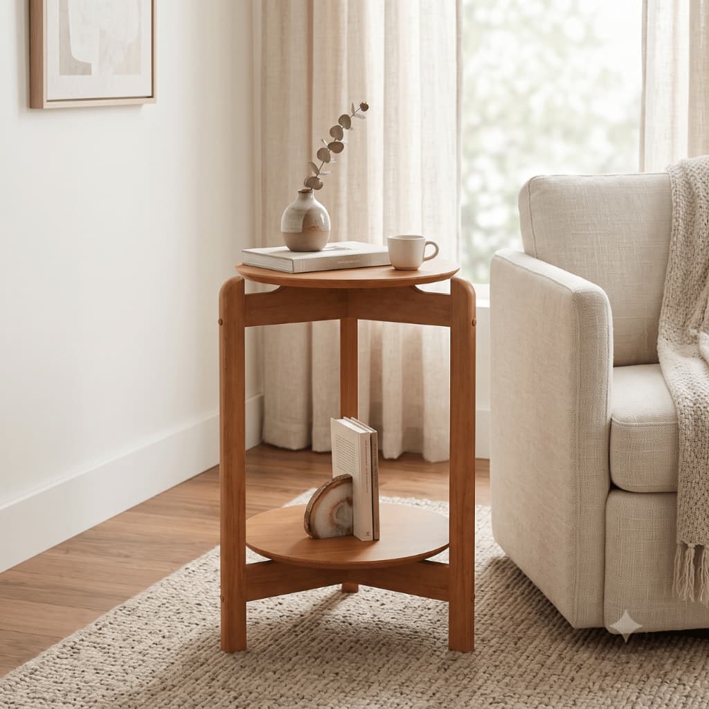 OFERTA Mesa Apoio Lateral 2 Níveis Redonda Madeira Maciça Sala Quarto Escritório Decoração Premium