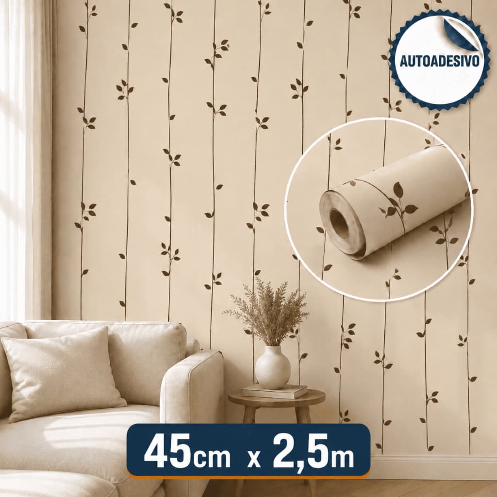 Papel de Parede Adesivo Floral Galhos Folhas Bege 2,5m Autoadesivo Sala Quarto Decoração