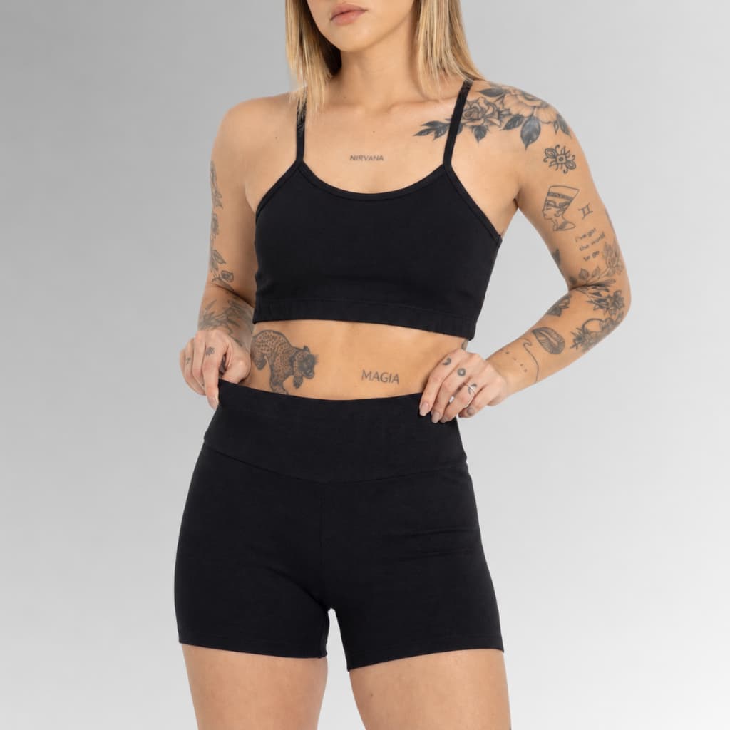Conjunto Fitness Feminino Top Alça Fina Sem Bojo e Short Cintura Alta Suplex Zero Transparência