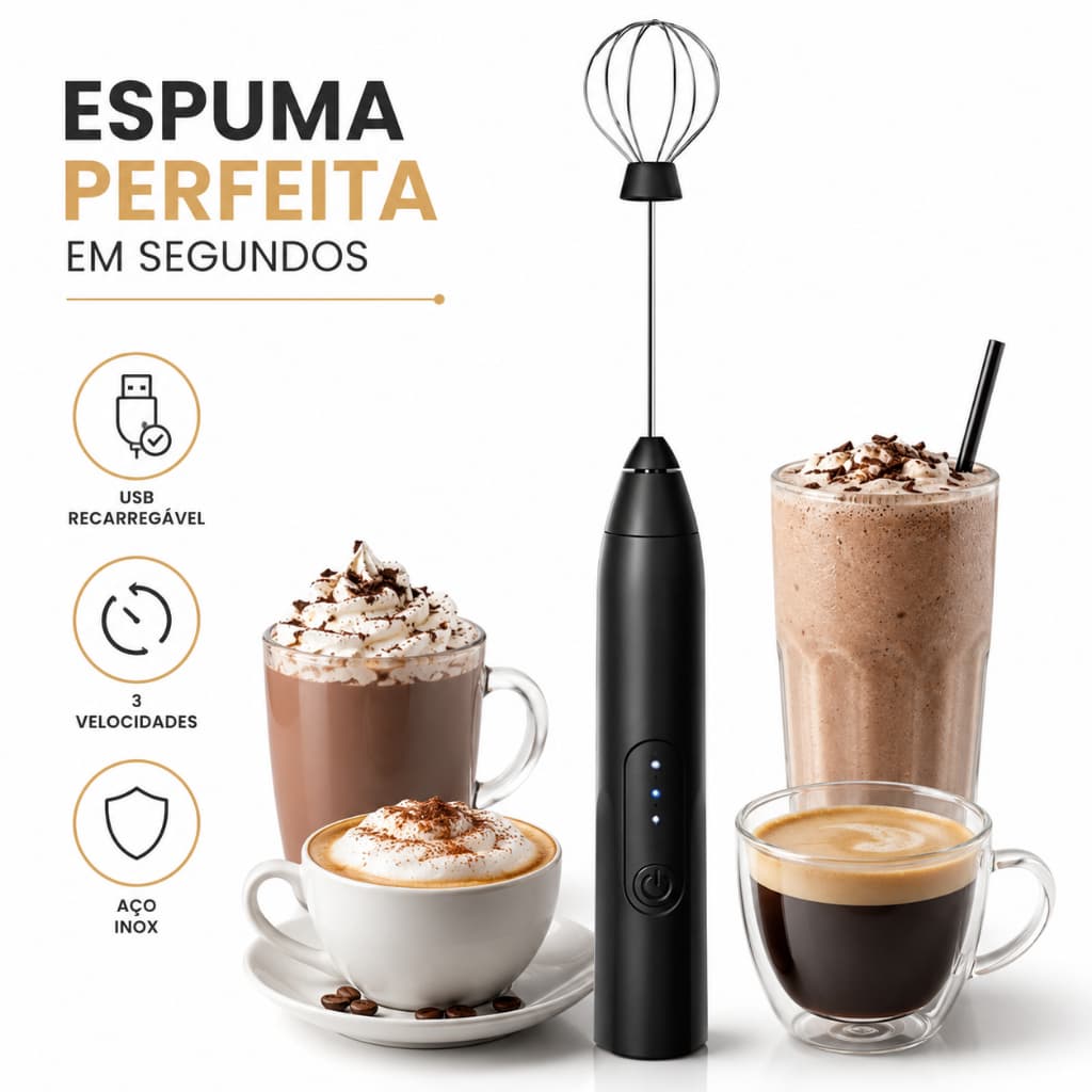 Mini Mixer Elétrico Portátil USB Recarregável - Preto - 3 Velocidades Batedor de Leite Café Cappuccino Shake Proteína