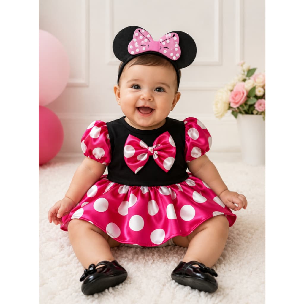 Fantasia Infantil Bebe Minnie Rosa Com Acessorio Faixa Body Princesa Mês Versario