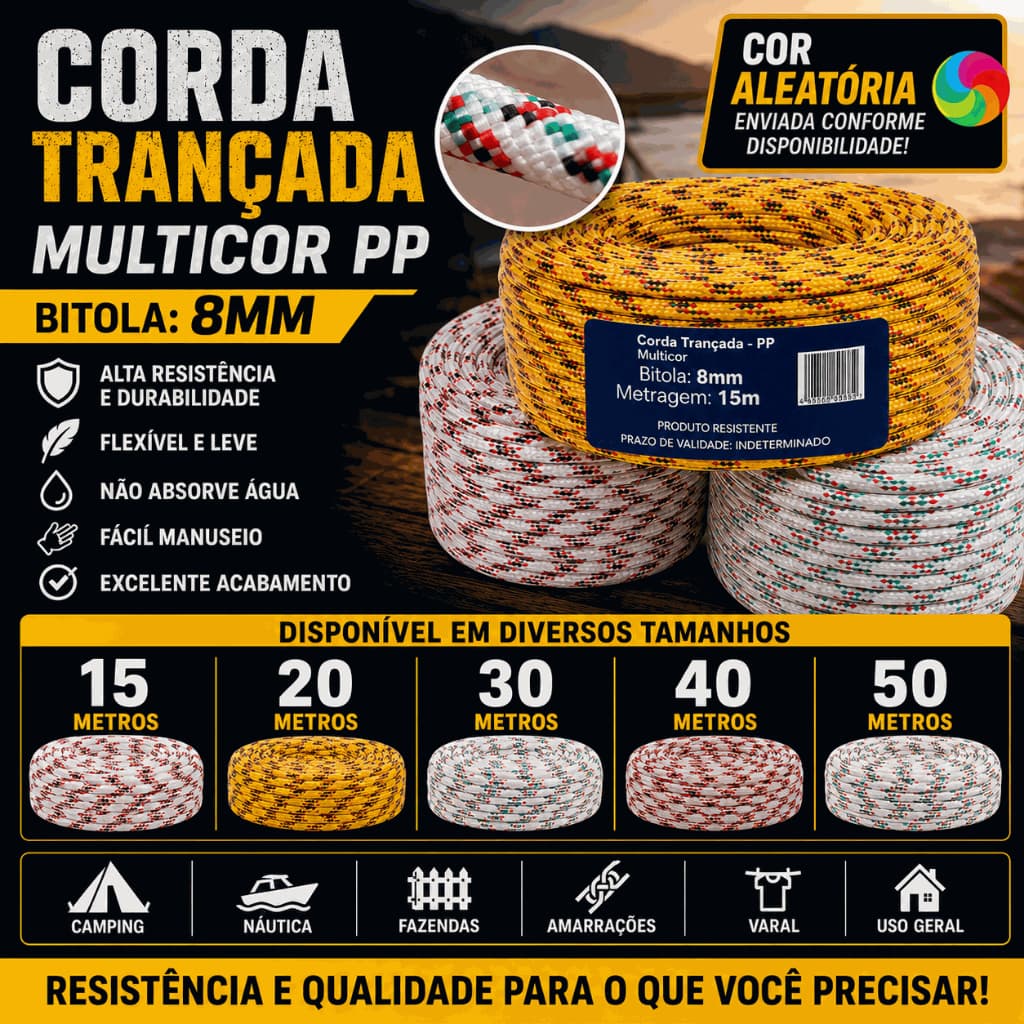 Corda Trançada PP 8mm Multicor 15m 20m 30m 40m 50m Polipropileno Alta Resistência