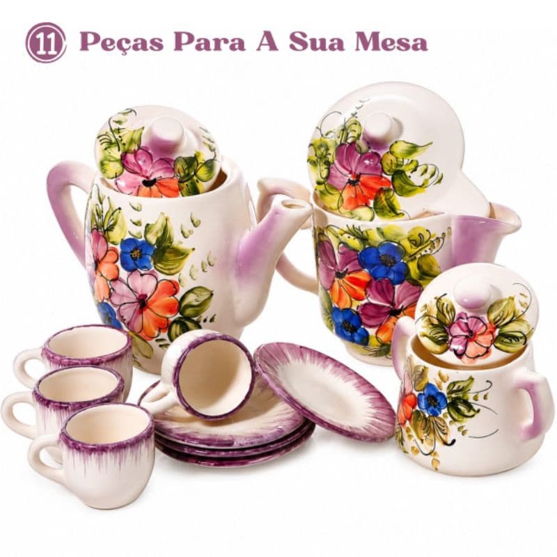 Jogo Bule Cerâmica Café Chá  Decorativo Elegante 4 Xícaras Pires