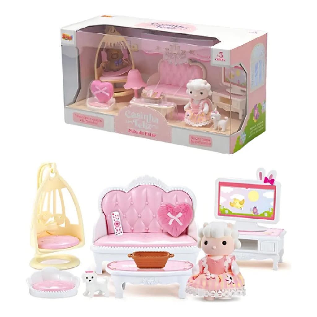 Sala De Estar Casinha Feliz Ovelhinha Mini Móveis Cenário Faz de Conta Realista Coleção Zoop Toys