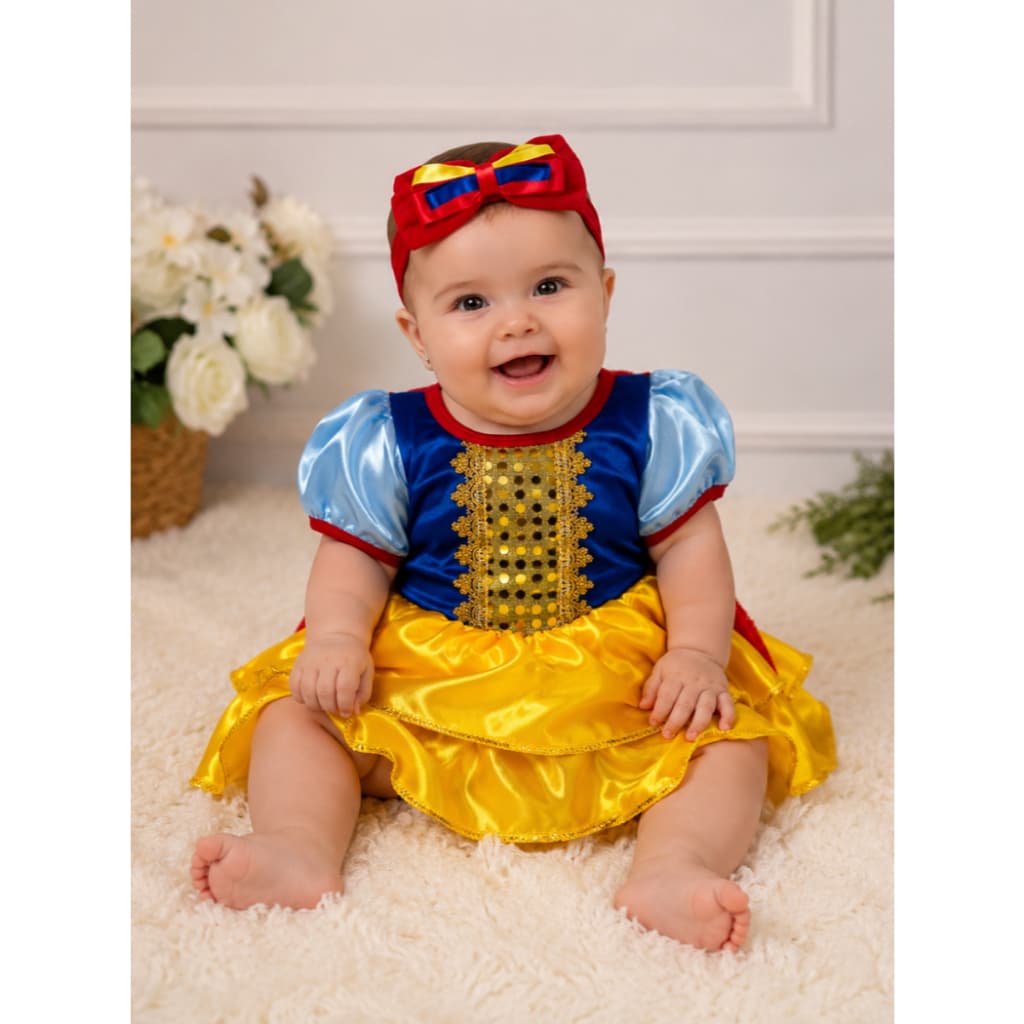 Fantasia Infantil Princesa Branca de Neve Com Acessorio Faixa Body Vestido Bebe 7 anões