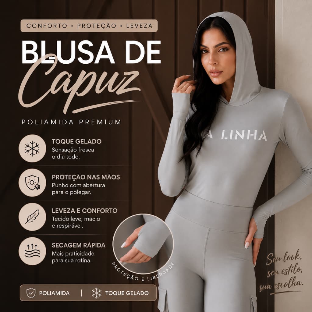 Camiseta de Pesca Feminina com Capuz Proteção na Mão