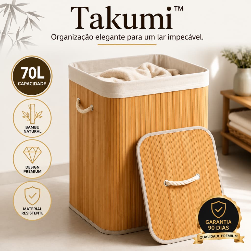 Cesto Organizador de Bambu 70L com Tampa e Alças para Roupa Suja Lavanderia Banheiro Takumi