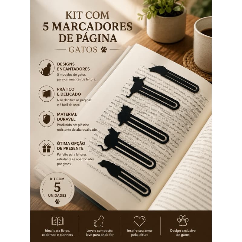 Kit com 5 Marcadores de Página Gato | Bookmark Criativo para Livros, Cadernos e Planner | Impressão 3D