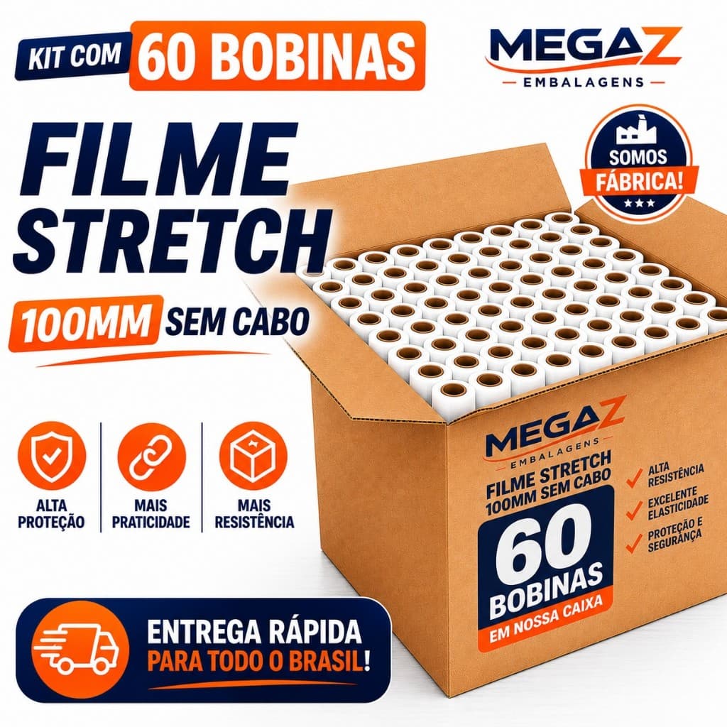 60 Rolos Filme Stretch S/ Cabo  (10cm) 100 Metros cada bobina - Ecommerce/Marcenaria/Móveis