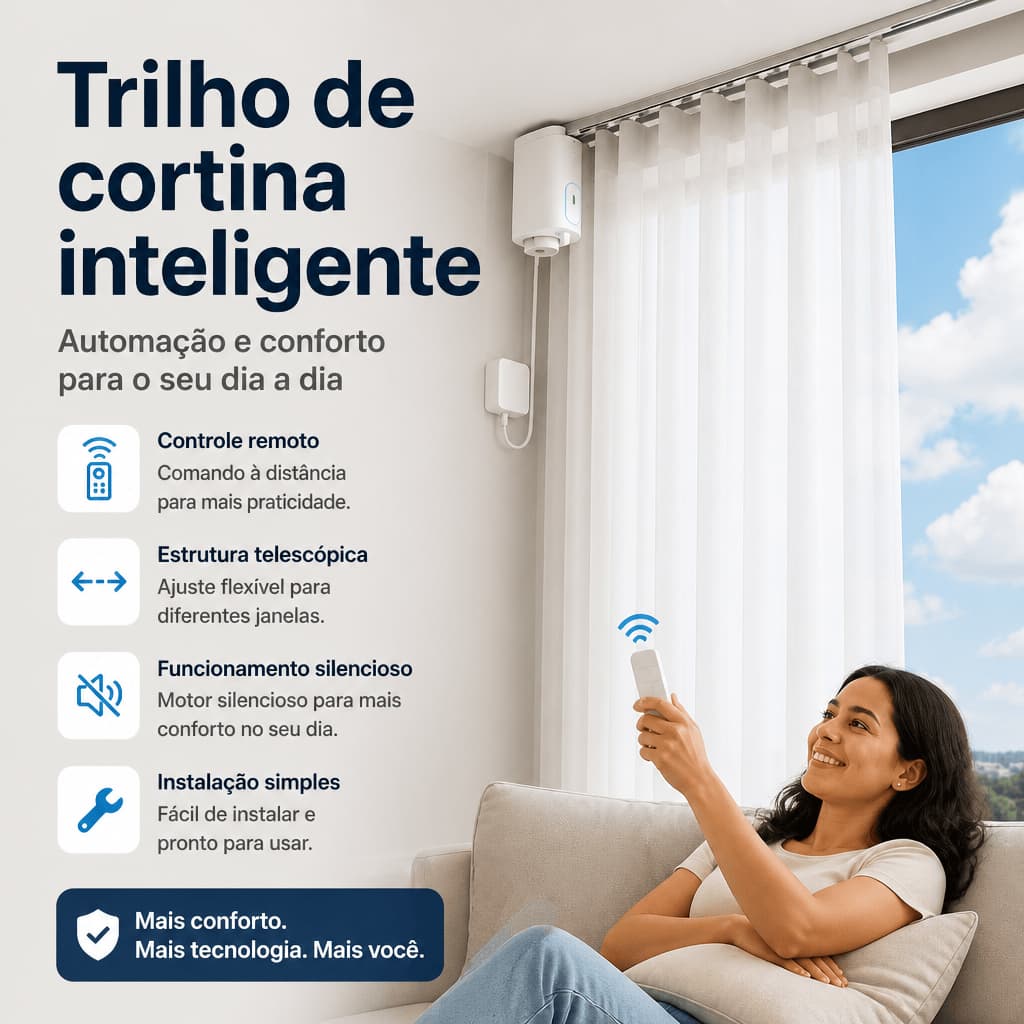 Trilho de Cortina Inteligente Motorizado Bivolt com Controle Remoto Trilho Suíço para Cortina até 100kg