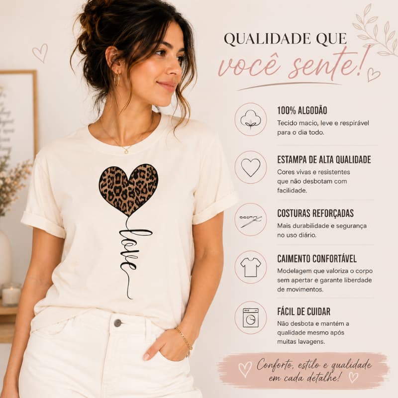 Camiseta Feminina 100% Algodão Estampada Coração Love Delicada Envio Ja