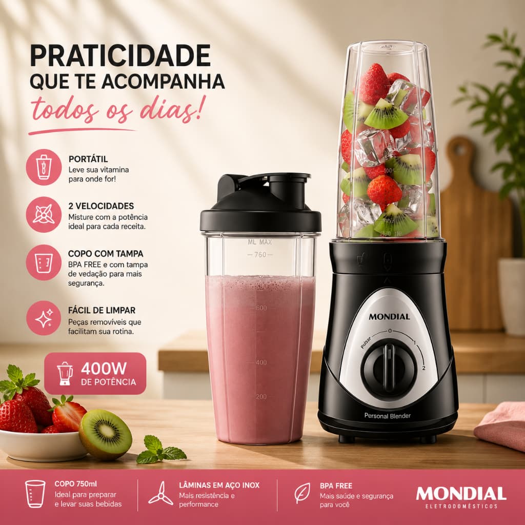 Liquidificador Portátil Mondial Personal Blender DG-01 127V 300W 2 Copos 750ml Aço Inox Original