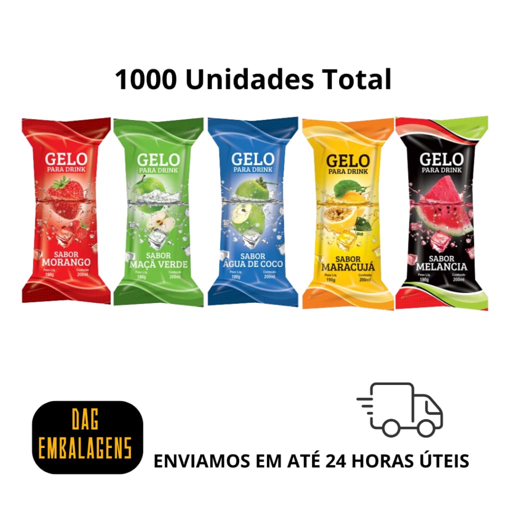 kIT Embalagens para Gelo Saborizado 9,5x21cm Perolado Higienico - 5 Sabores