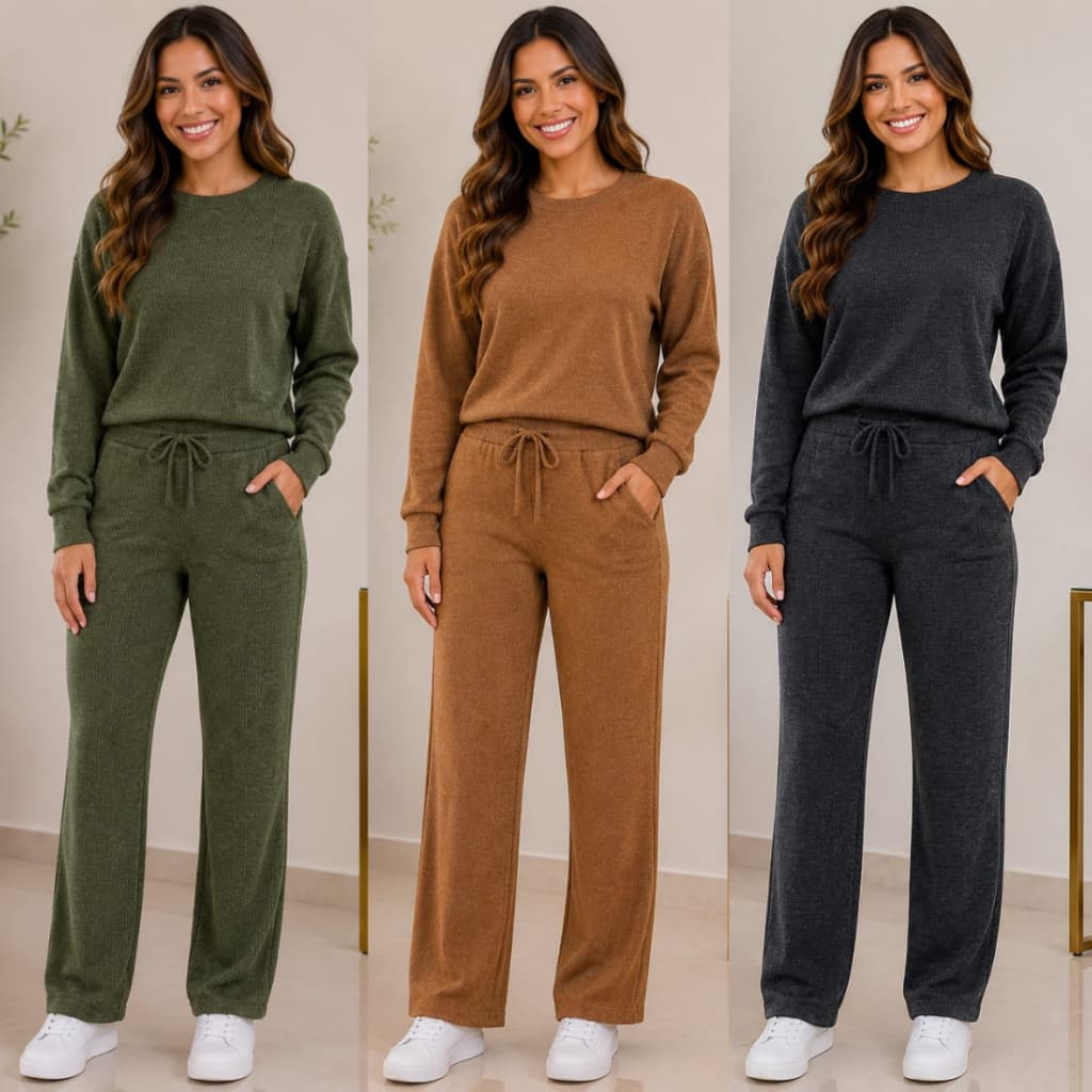 Conjunto Feminino Malha Rib Blusa Manga Longa e Calça com Bolso e Elástico na Cintura Roupa Feminina