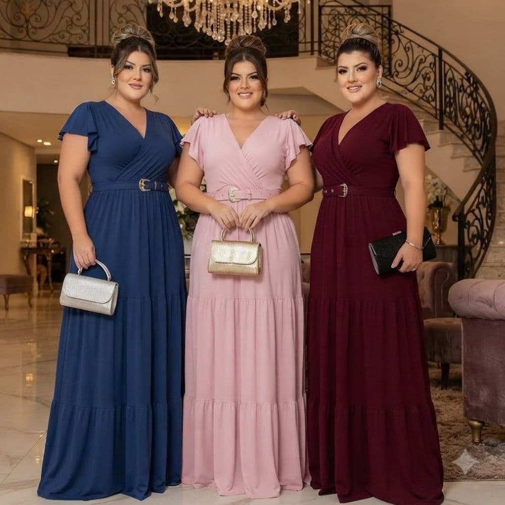 Vestido Feminino Longo Plus Size Manga Flare Cinto Moda Evangelica Fardamento Gola V Congresso Luxo