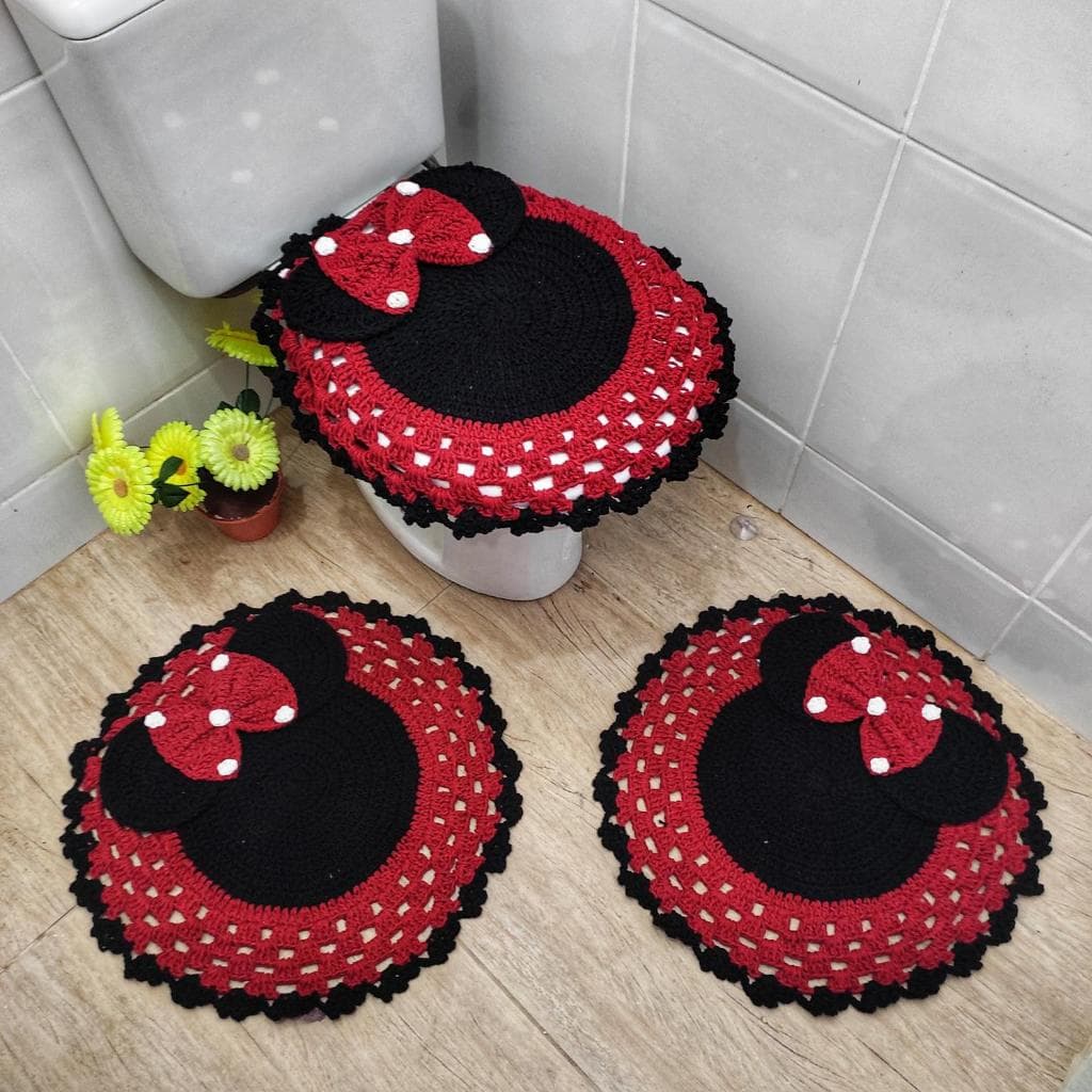 Tapete De Crochê Jogo De Banheiro Conjunto 3 Peças Kit Minnie Artesanal
