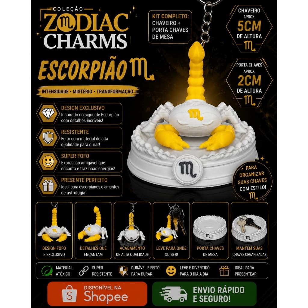 ♏ Kit Zodiac Charms – Escorpião | Chaveiro + Porta-Chaves de Mesa | Impressão 3D em PLA