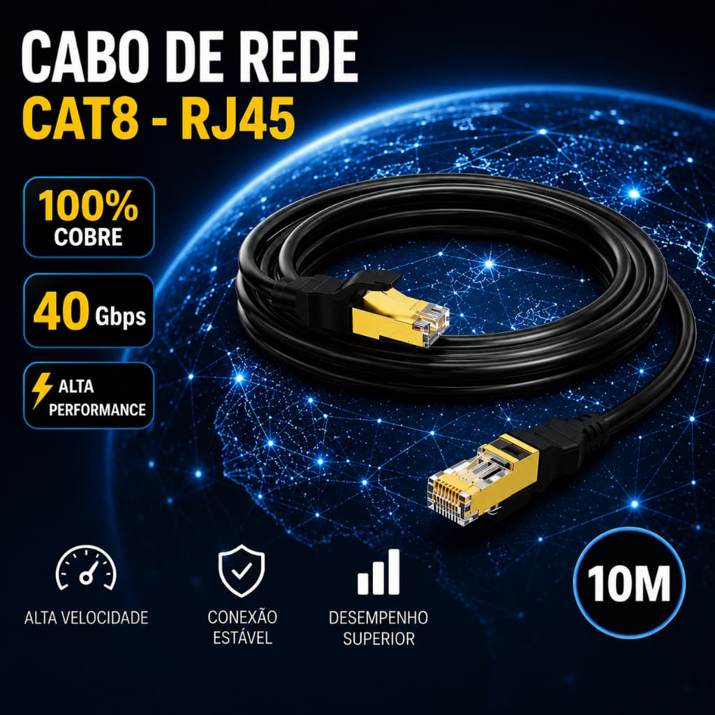 Cabo de Rede CAT8 RJ45 10 Metros 40Gbps 2000MHz S/FTP 100% Cobre Anatel