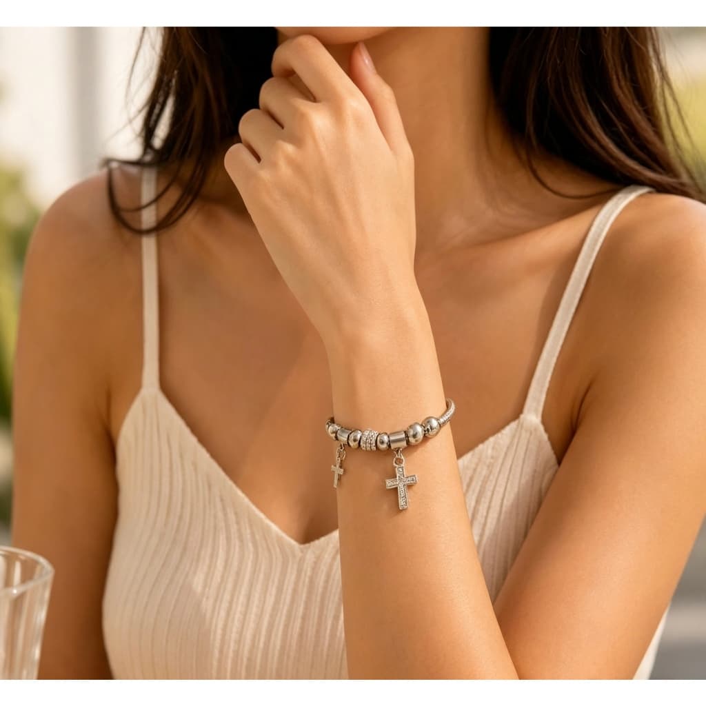 Pulseira Pingentes Cruz em Aço Inoxidável 316L Prateado, Elegante