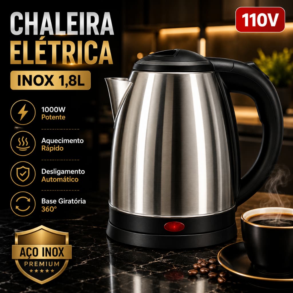 Chaleira Elétrica 110v Inox 1,8L 1000W Desligamento Automático Aquecimento Rápido