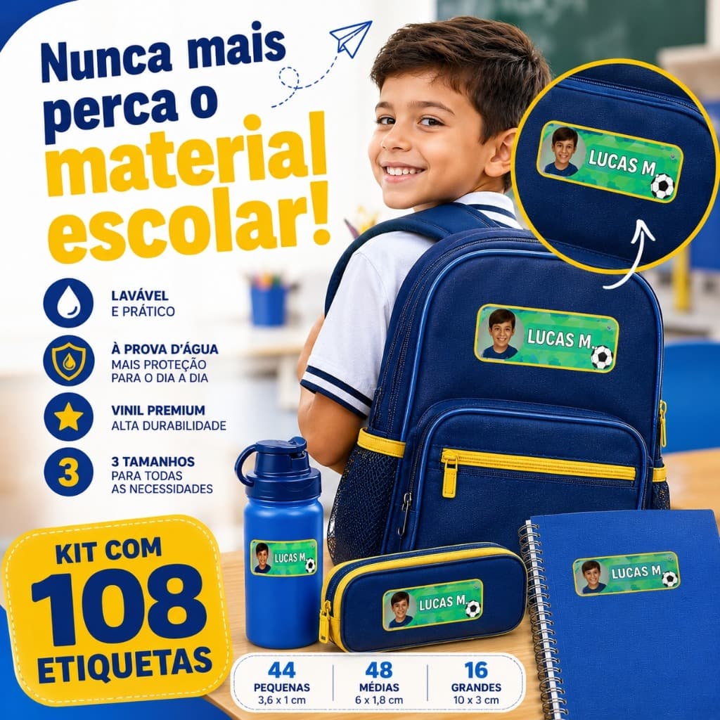Kit 108 Etiquetas Escolares Personalizadas com Nome e Foto Laváveis Vinil à Prova D'Água 3 Tamanhos Material Escolar