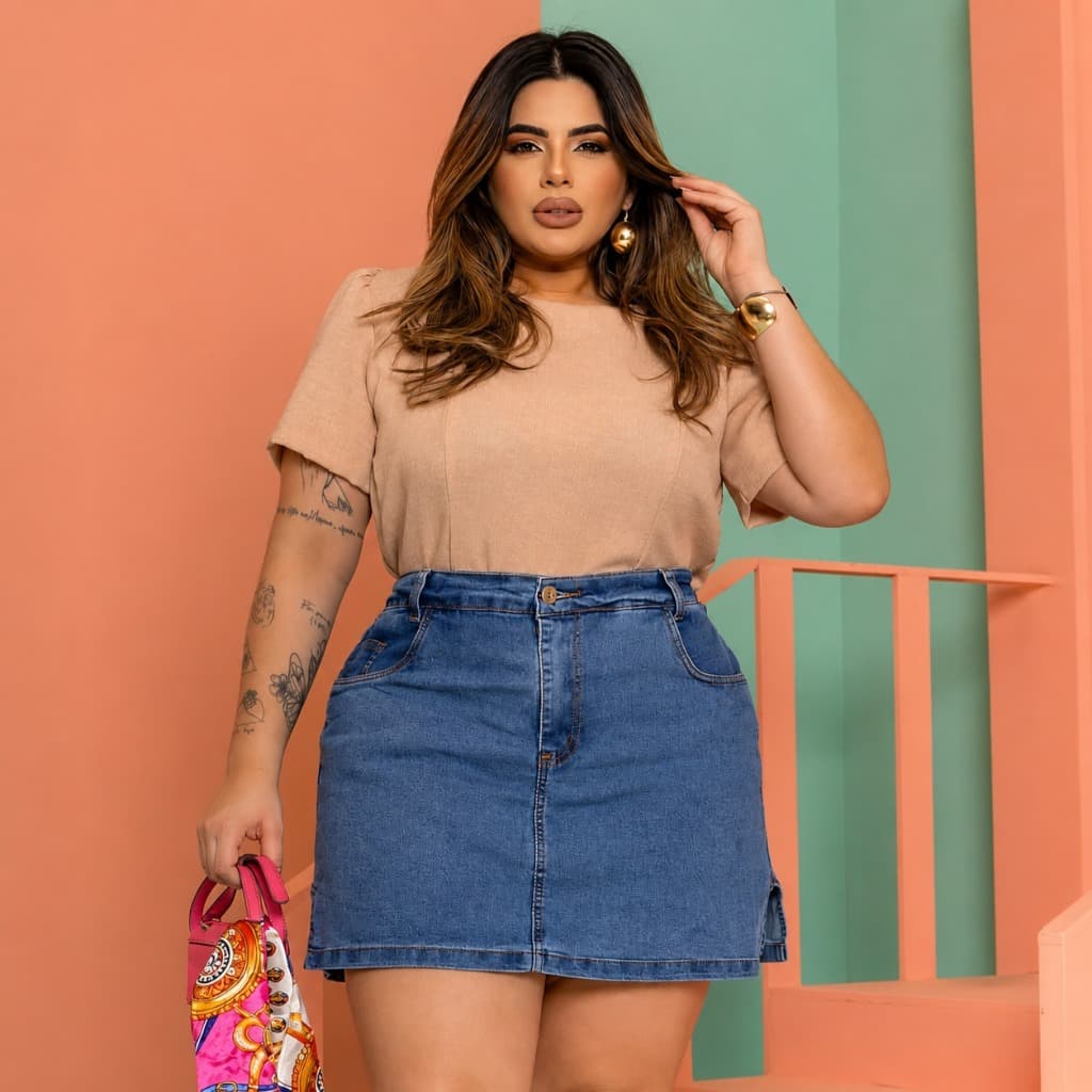 Saia Shorts Por Baixo Plus Size Cintura Alta Com Elastano Luxo