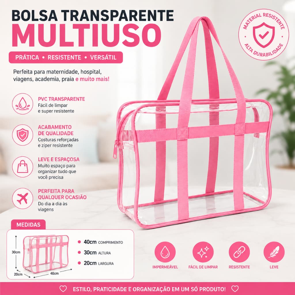 Sacola Bolsa Jumbo Multiuso Cristal PVC 0,20mm com reforço EXTRA Alças de Nylon