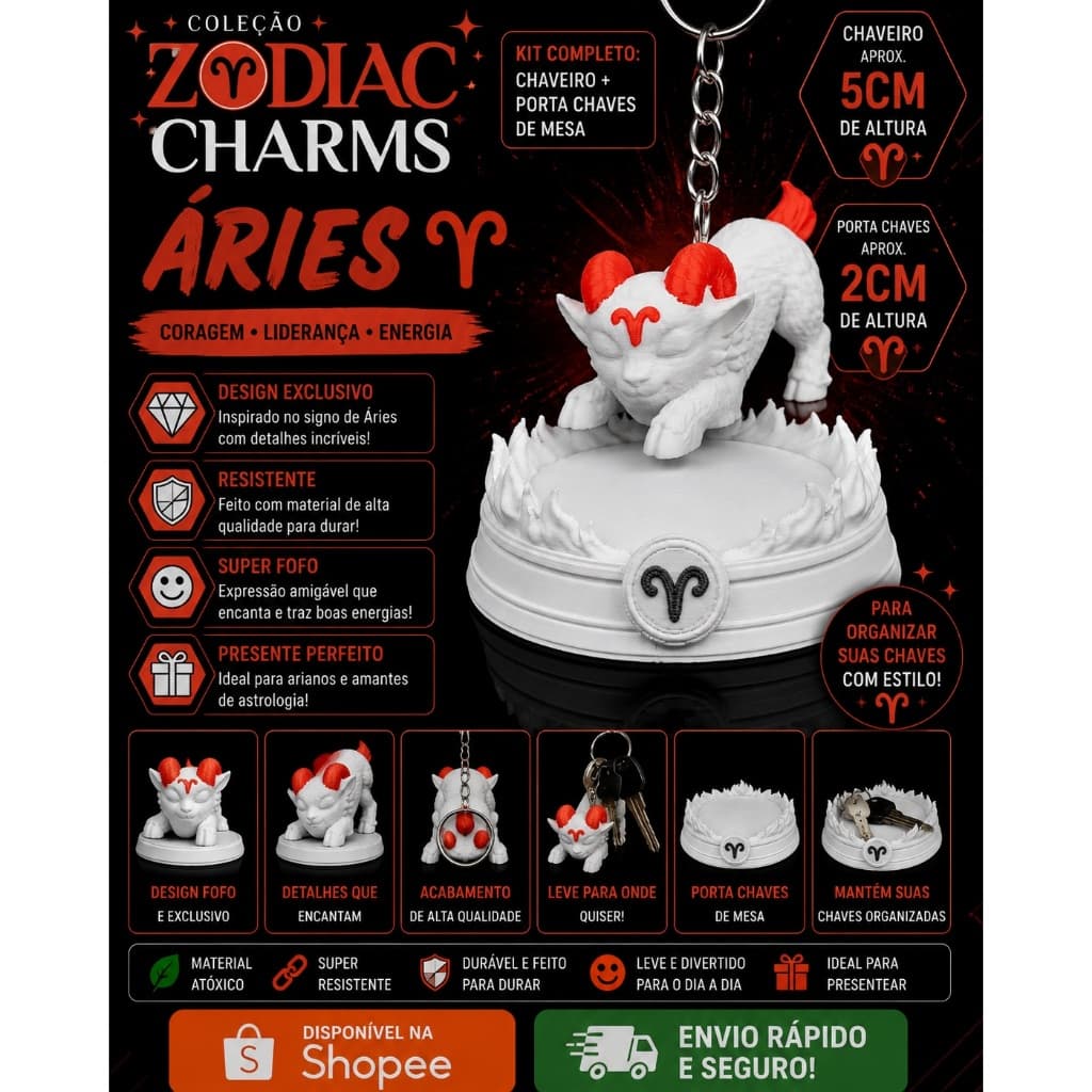 ♈ Kit Zodiac Charms – Áries | Chaveiro + Porta-Chaves de Mesa | Impressão 3D em PLA