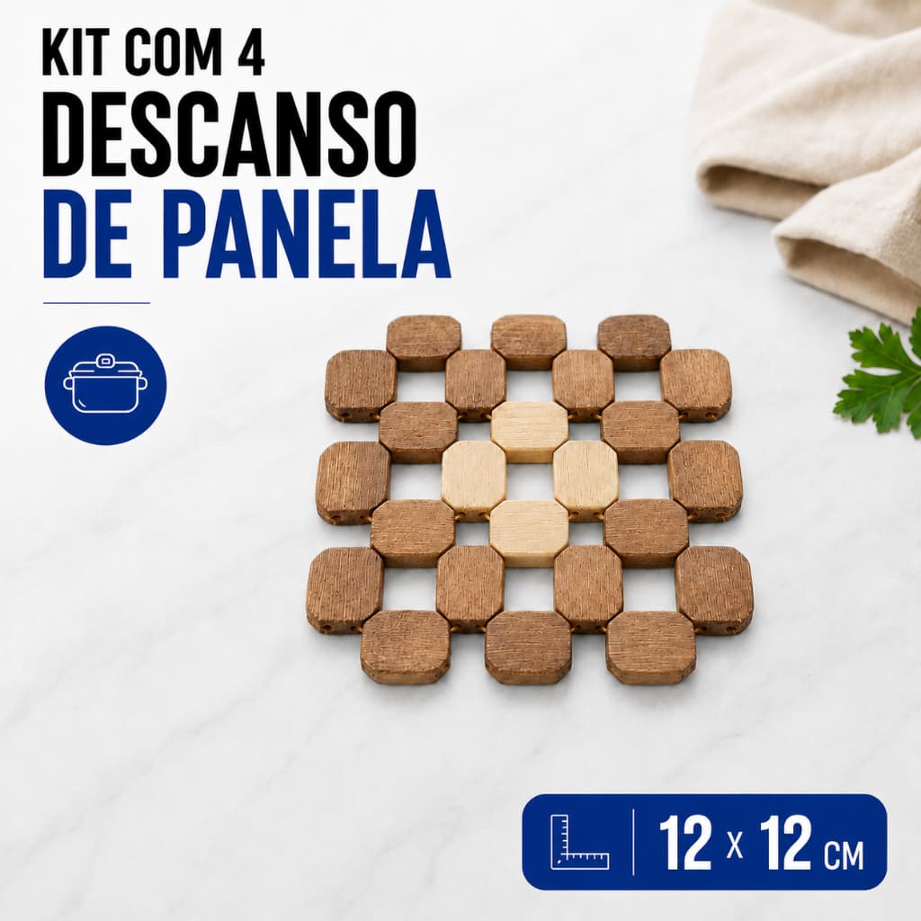 Descanso de Panela em Madeira de Bambu 12x12cm Quadrado Apoio Protetor de Mesa Cozinha - Kit 4