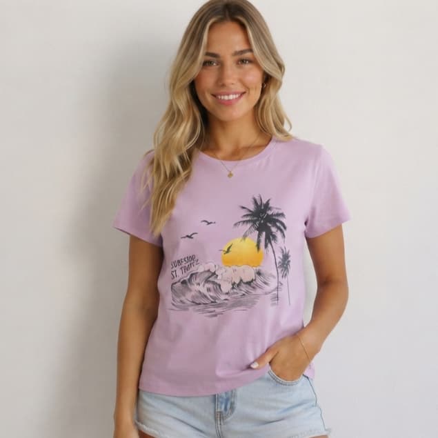 T-shirt Feminina 100% Algodão Peruano Blusa Estampa Surf St Tropez Premium Camiseta Manga Curta Casual Conforto Verão