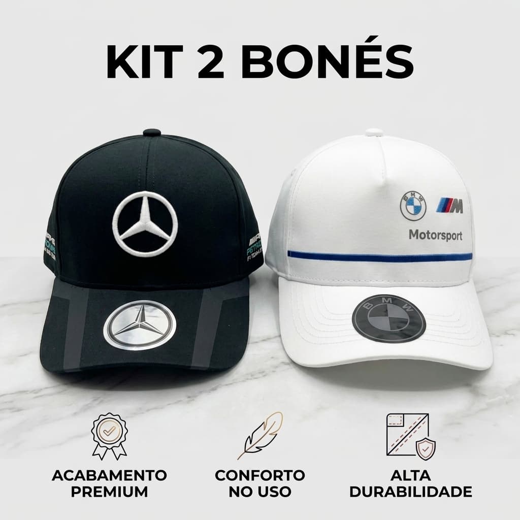 Kit 2 Boné BMW Motorsport Mercedes Benz Aba Curva Masculino Bordado Esportivo Corrida Premium