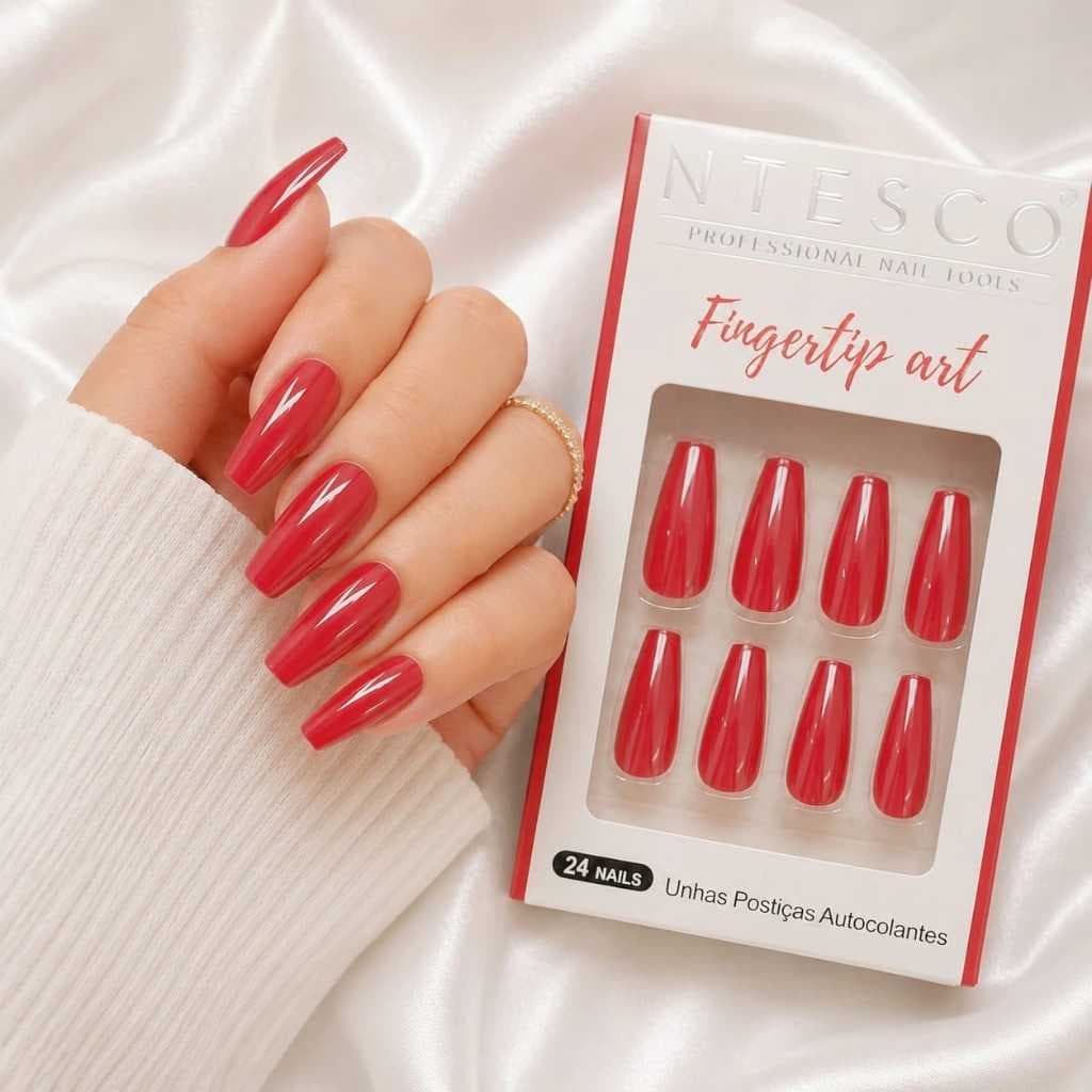 Kit 24 Unhas Postiças Bailarina Vermelha Longas Autocolantes Fácil Aplicação