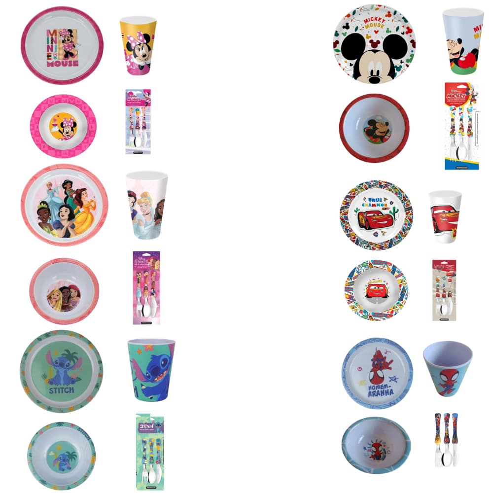 Kit Infantil Personagens 4 Peças | Prato Fundo, Bowl, Copo e Talheres