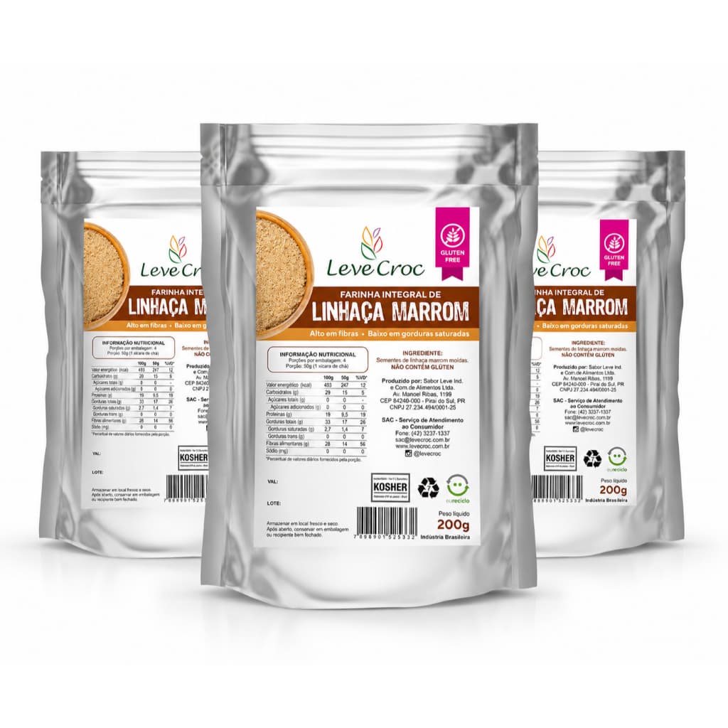 Kit 3 Farinha Integral de Linhaça Marrom Leve Croc 200g | Sem Glúten