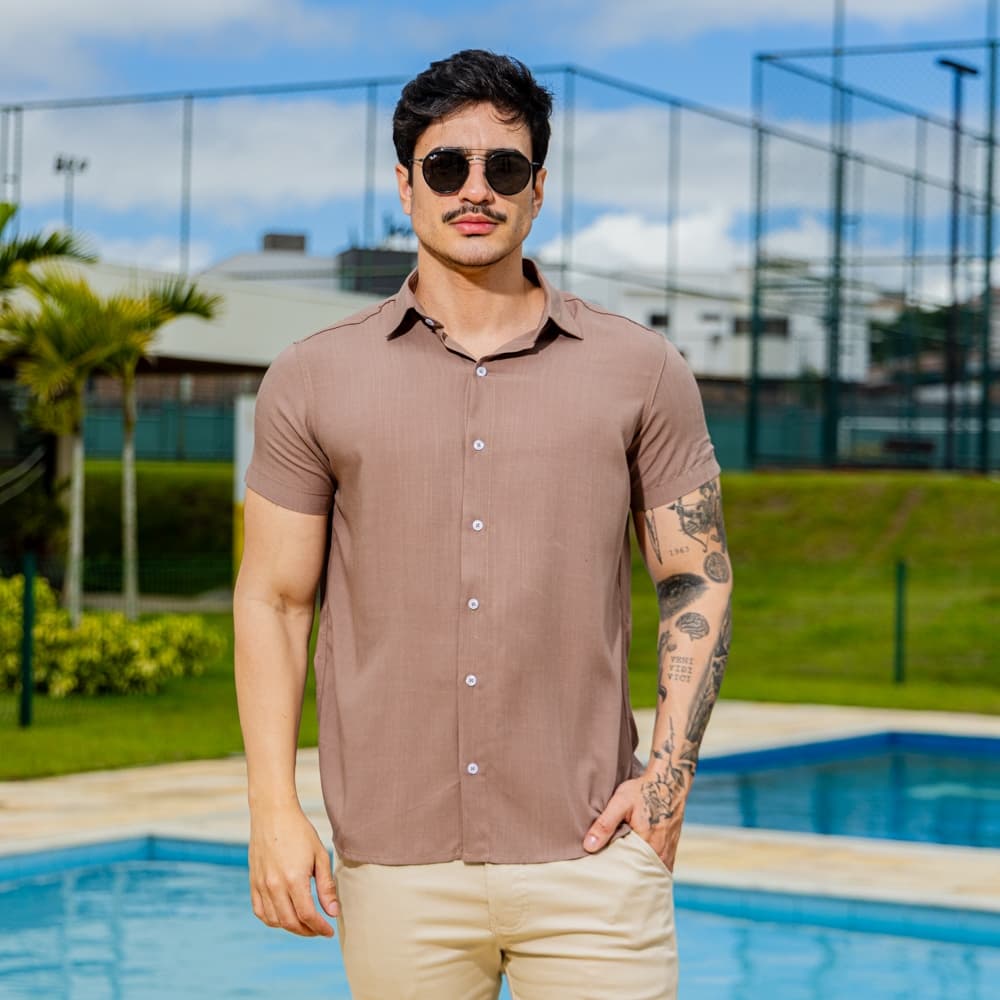 Camisa Social Masculina Manga Longa Viscose Textura Linho Elegante Trabalho