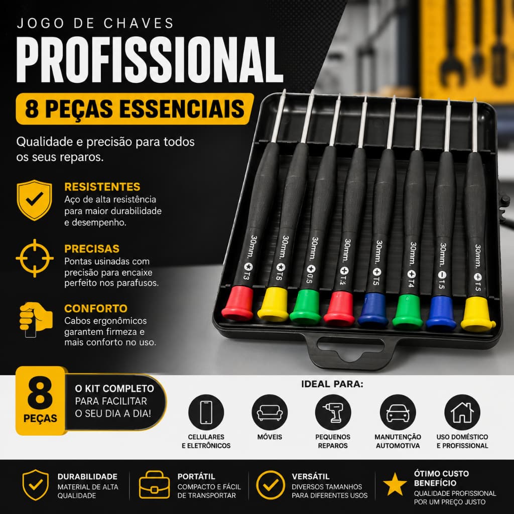 Jogo de Chaves de Precisão 8 Peças Profissional Torx Pentalobe Philips Fenda Kit para Celular e Eletrônicos