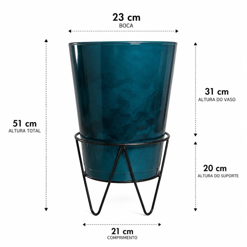 Vaso Decorativo com Suporte de Metal para Plantas Polietileno Premium Sala Varanda Jardim