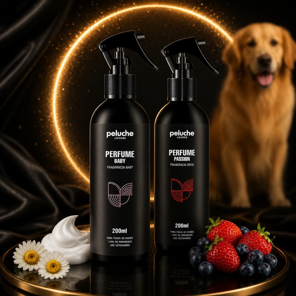 Kit Perfume Pet Baby 200ml + Passion 200ml Peluche Cheirinho de Bebê Cães Gatos Fragrâncias Premium