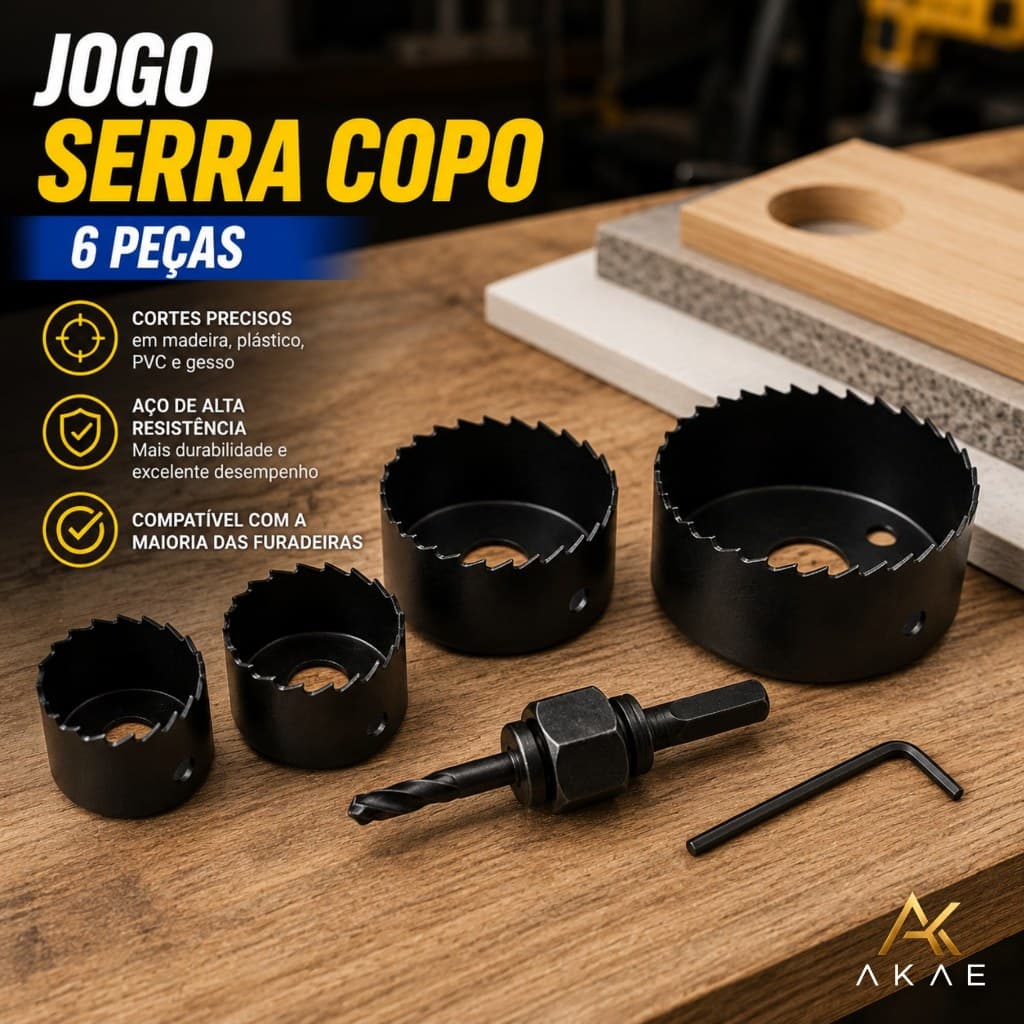 Jogo Serra Copo 6 Peças Aço Carbono Madeira Gesso Pvc Kit Furadeira Broca Ferramentas Oferta
