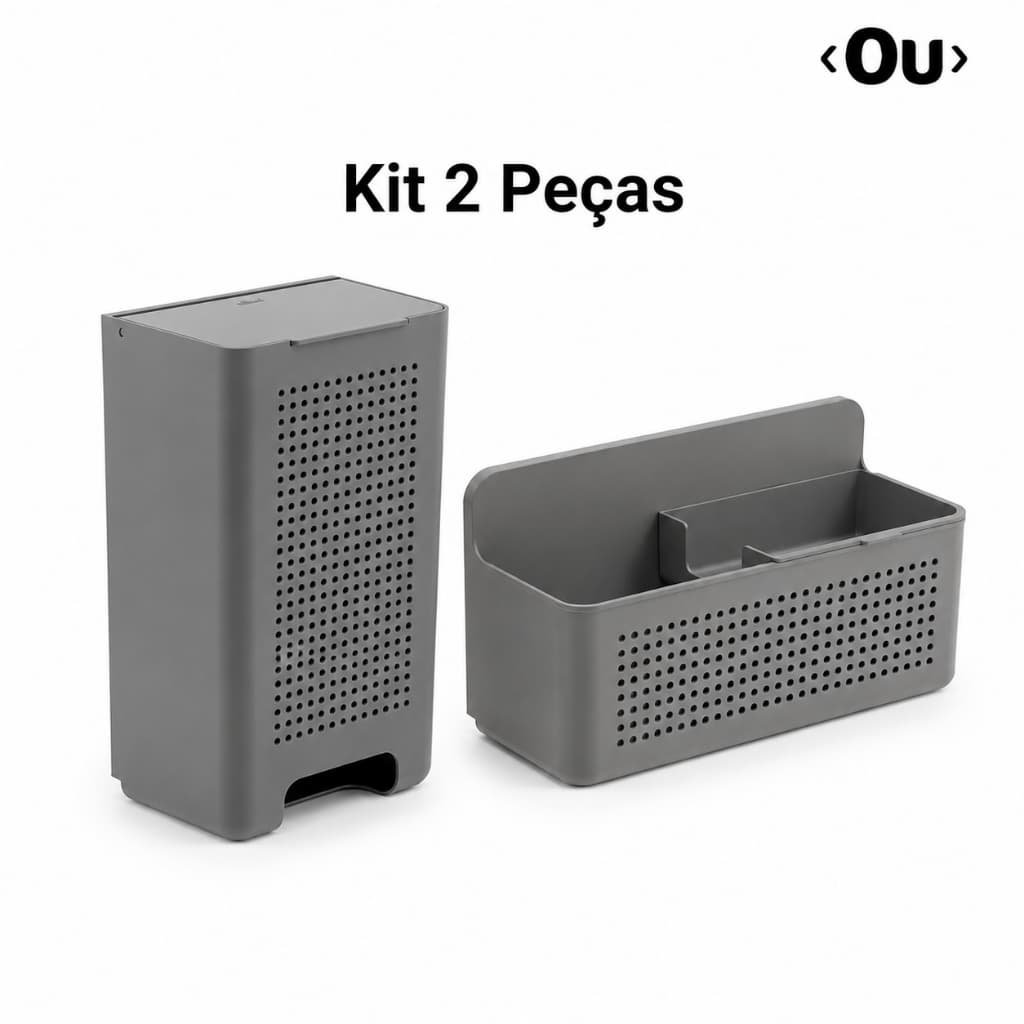 Kit 1 Porta Sacolas + 1 Organizador para Tanque Lavanderia Puxa Saco Parede Sem Furos Linha Flow Ou
