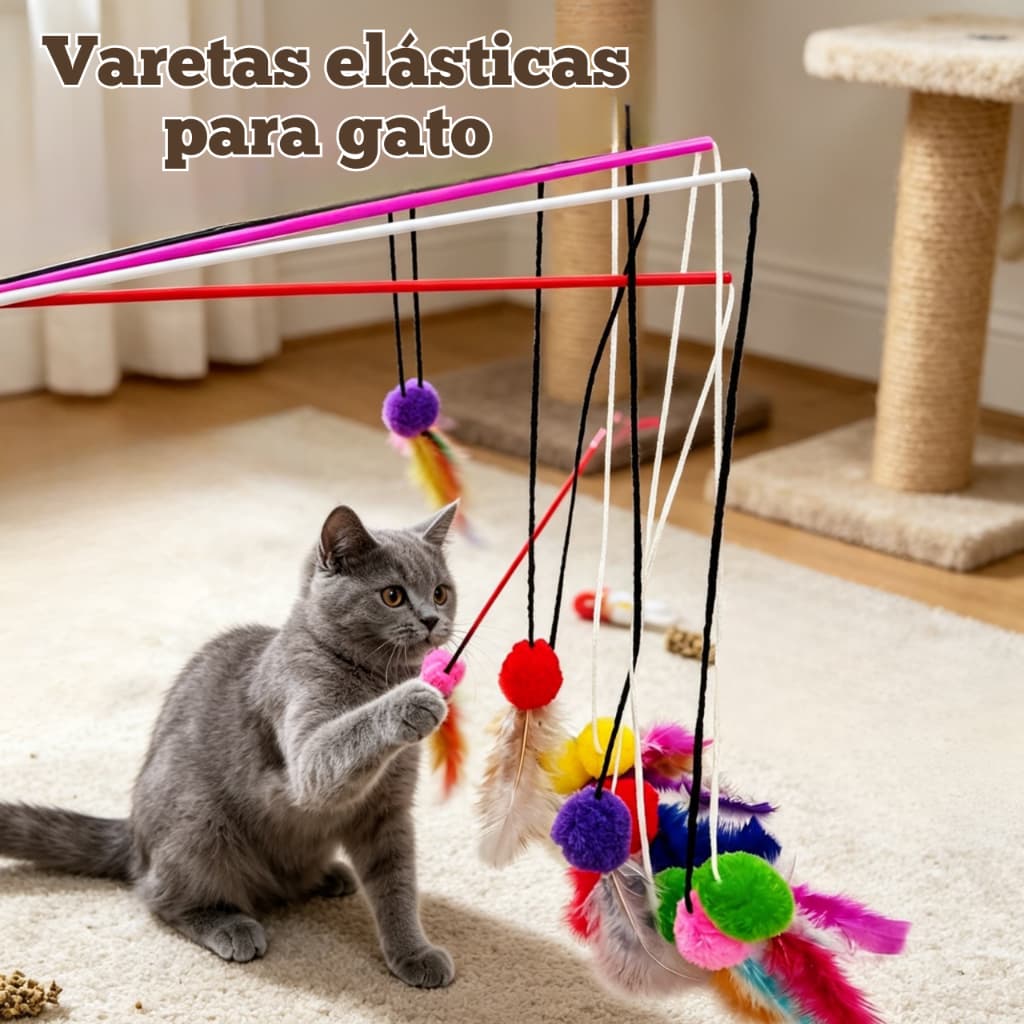 Brinquedo p Gato-Kit Vareta com Penas e Pompom Colorido-Varinha para Gatos-Pet Cat Toy-Bem Divertido