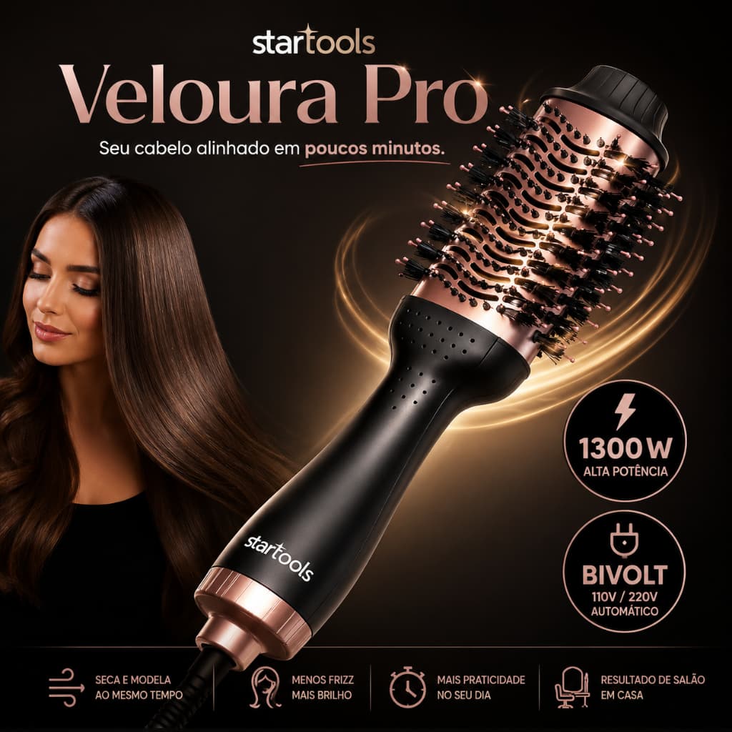 Escova Secadora Profissional 1300W Bivolt Modeladora Alisadora de Cabelo Veloura Pro