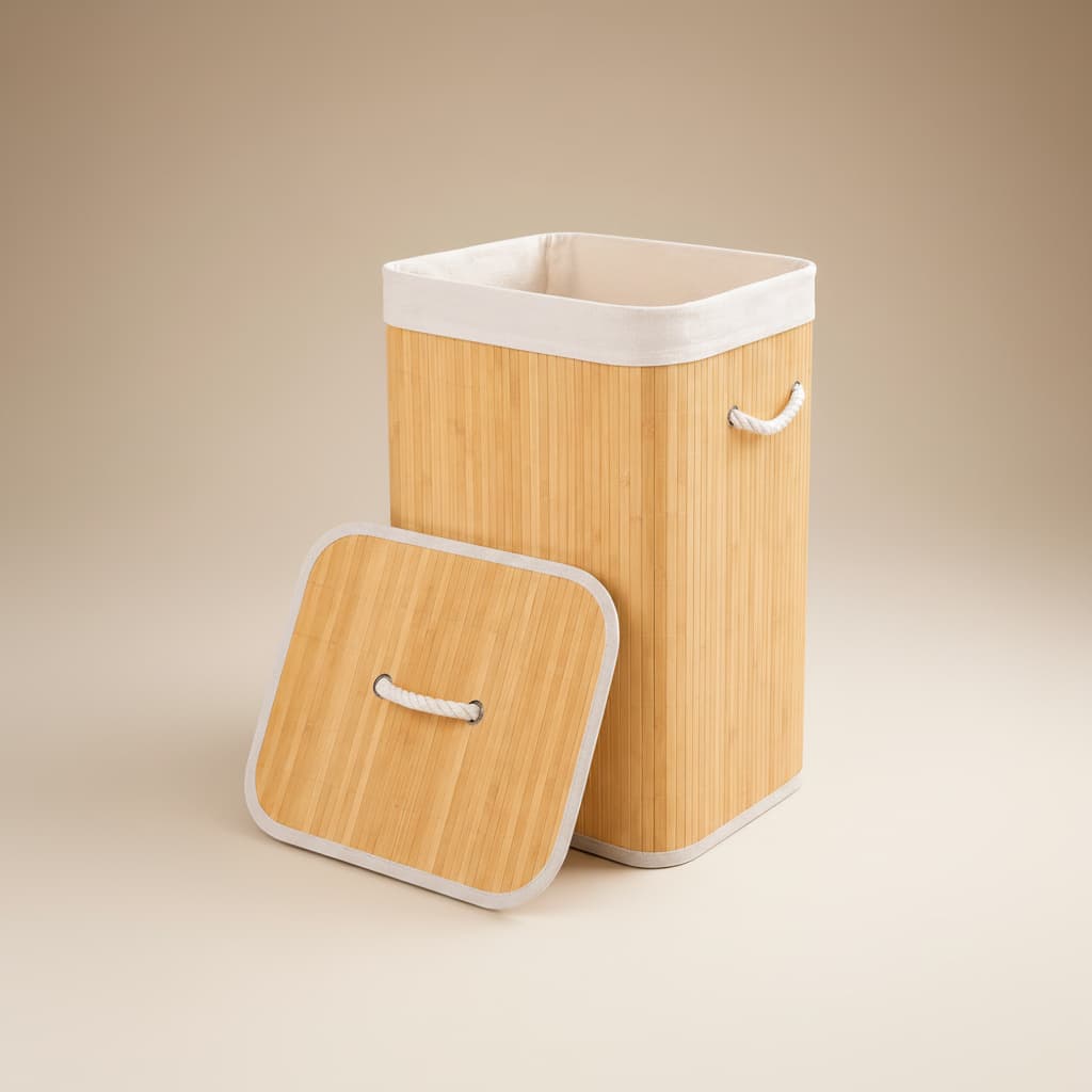 Cesto Bambu 70 Litros Tampa Alcas Organizador Roupa Suja Casa Durable