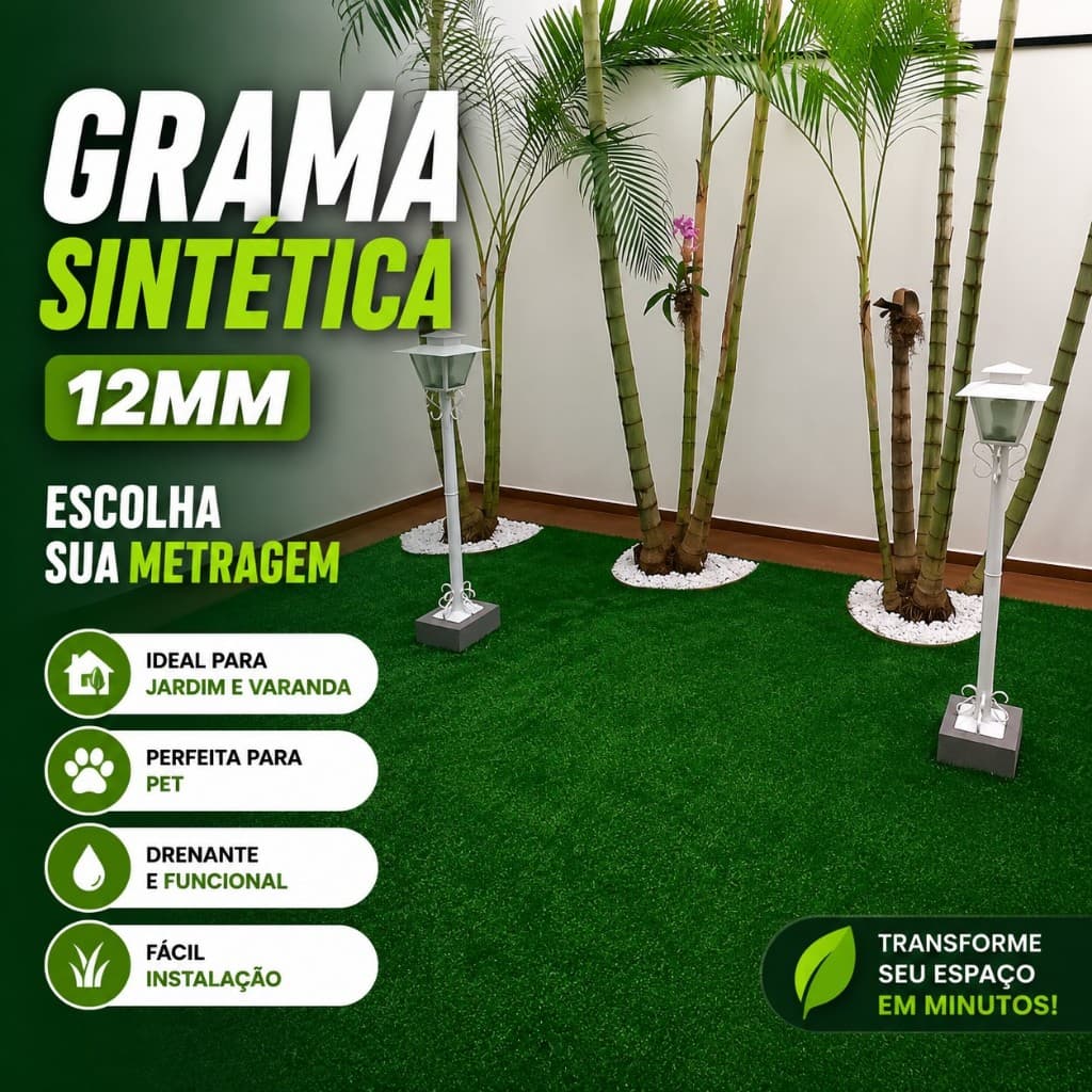 Grama Sintética 12mm Rolo M² Para Varanda, Jardim e Decorativa – Metragens Grandes (4m² a 18m²)