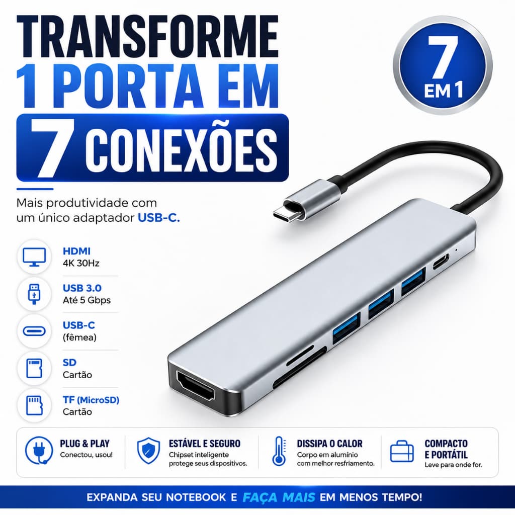 Hub USB-C 7 em 1 HDMI 4K USB 3.0 Leitor SD TF Adaptador Tipo C para Notebook MacBook AJ-N17