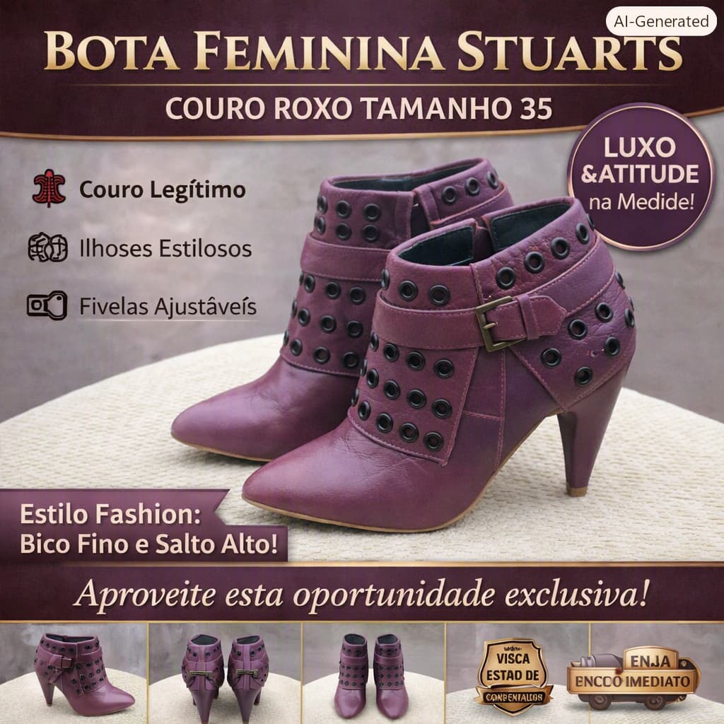 Bota Feminina Stuarts Couro Roxo Tamanho 35 Bico Fino Salto Alto Ilhoses e Fivelas – Bom Estado