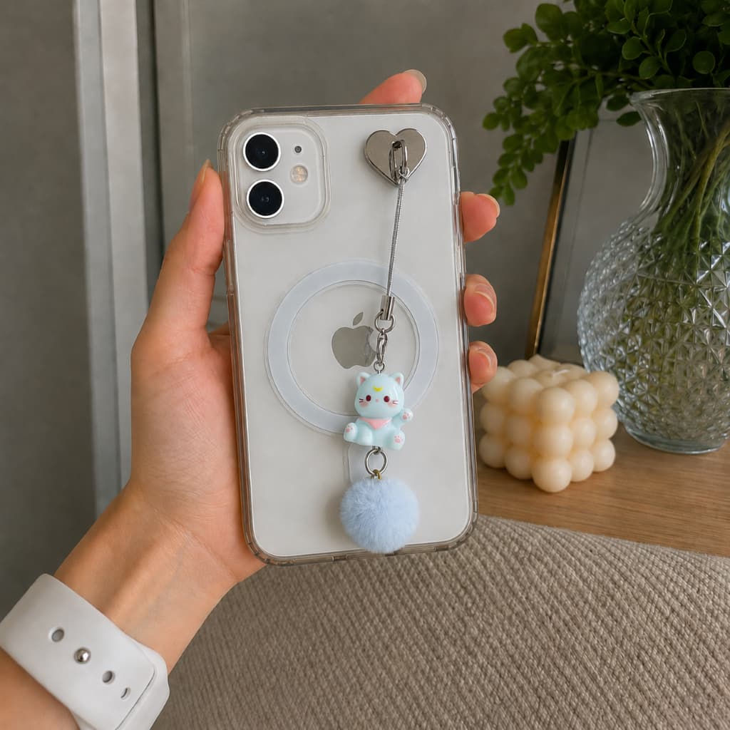 Mini Gatinho fofo com Pompom Pelúcia Azul | Phone Strap Kawaii