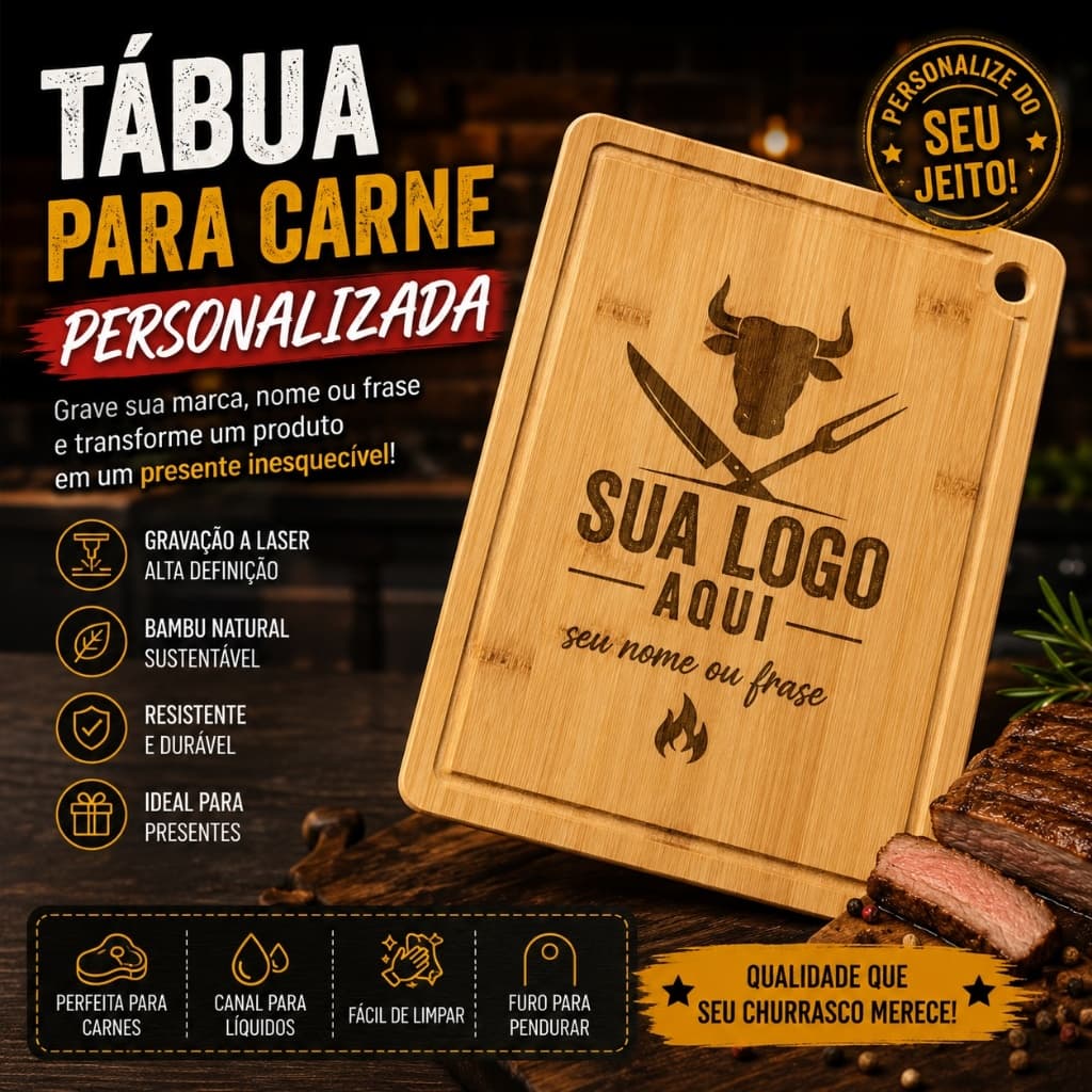 Tábua de Carne em Bambu Personalizada | Gravação a Laser com Nome, Logo ou Frase | Presente para Churrasco