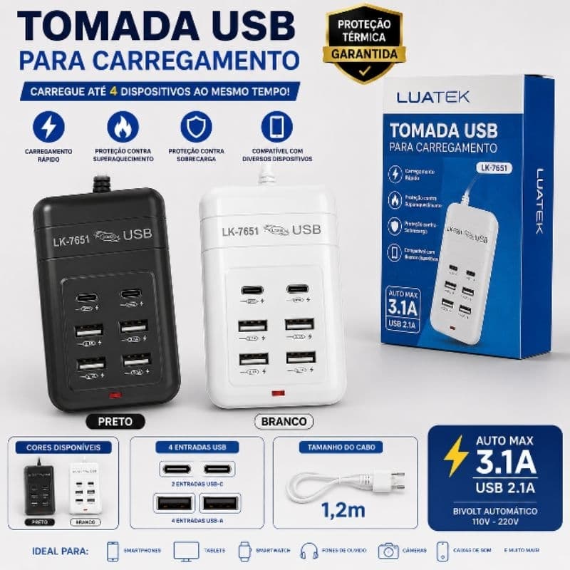 Luatek Tomada USB para Carregamento LK-7651 Auto Max 3.1A USB 2.1A Carregamento Rápido e Seguro